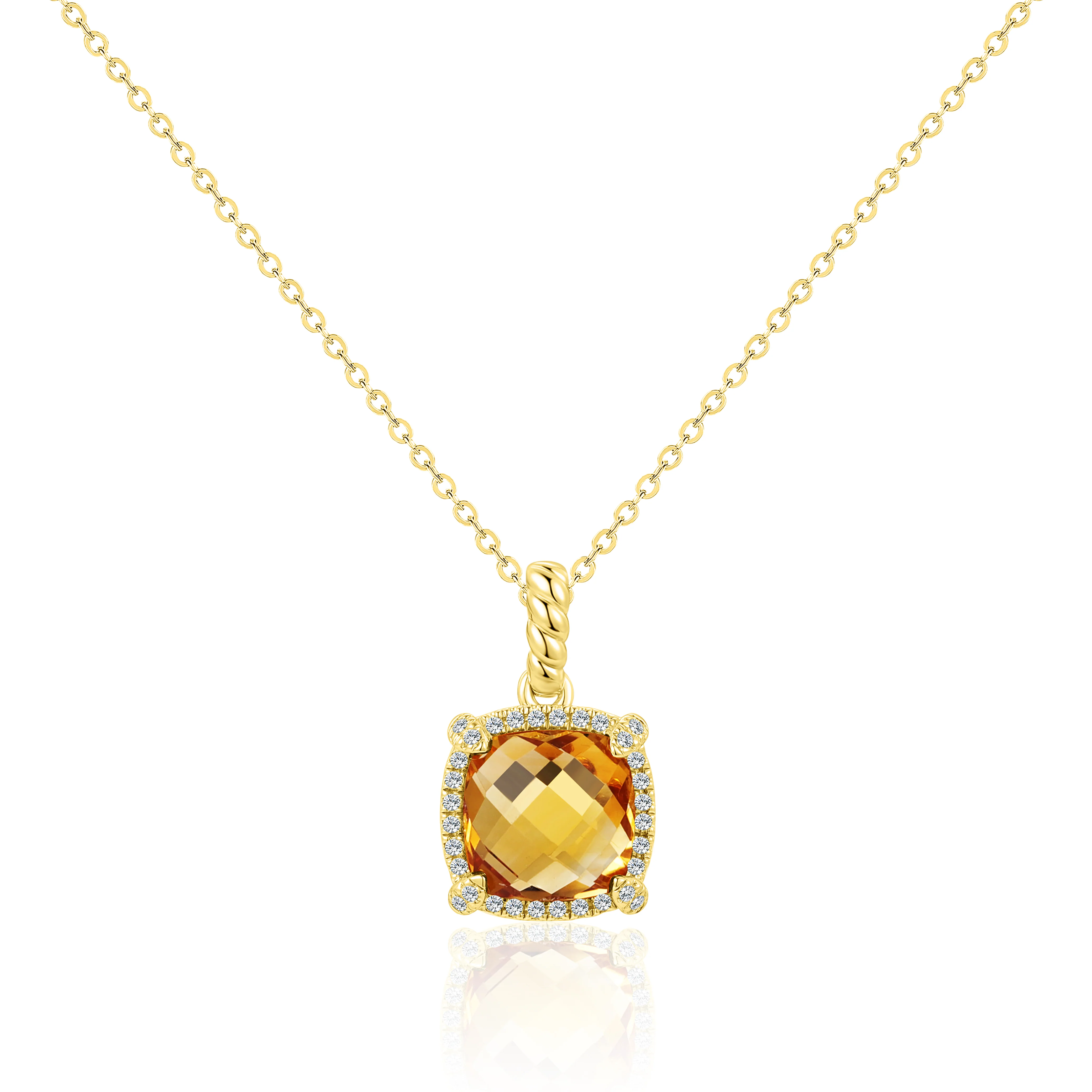 14 Karat Yellow Gold Cushion Cut Citrine Diamond Halo Pendant