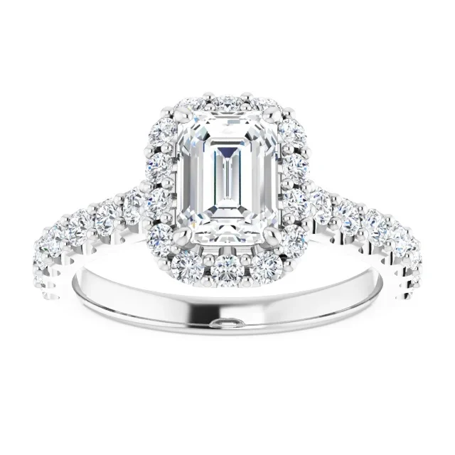 White Gold Emerald Halo Lab Grown Diamond Engagmenet Ring