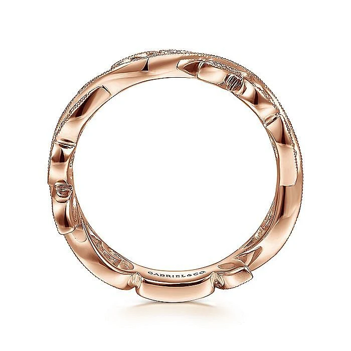 Gabriel & Co. 14 Karat Rose Gold Scrolling Floral Diamond Stackable Ring - Image 2