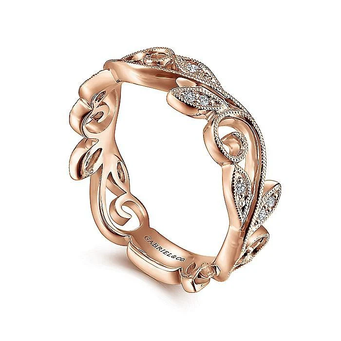 Gabriel & Co. 14 Karat Rose Gold Scrolling Floral Diamond Stackable Ring - Image 3
