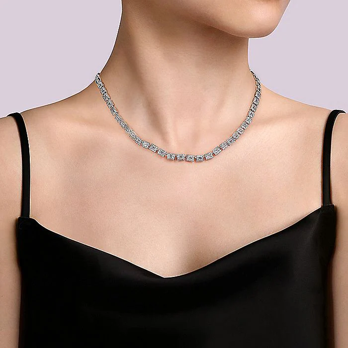 Gabriel & Co. 14 Karat White Gold 3.01 Carat Diamond Baguette Halo Station 16 Inch Necklace - Image 2