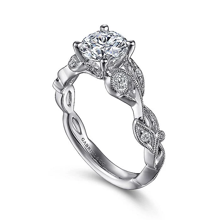 Gabriel & Co. 14 Karat White Gold Floral Round Semi-Mount Engagement Ring - Image 3