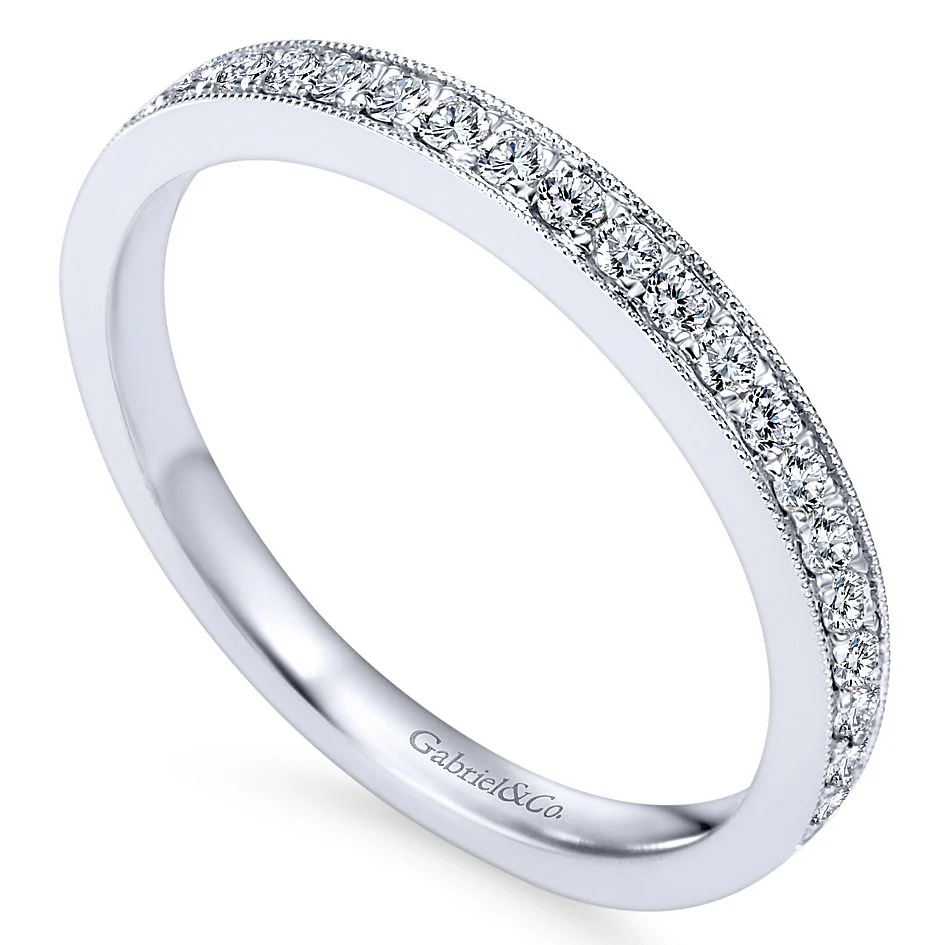 Gabriel & Co. 14 Karat White Gold Prong Set Wedding Band With A Milgrain Edge - Image 3