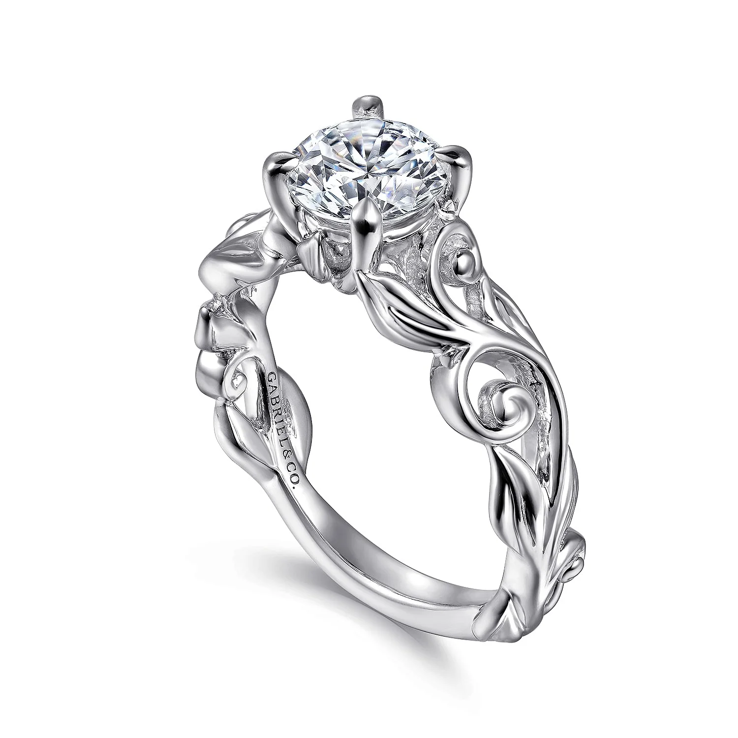 Gabriel & Co. 14 Karat White Gold Round Floral Semi-Mount Engagement Ring - Image 3