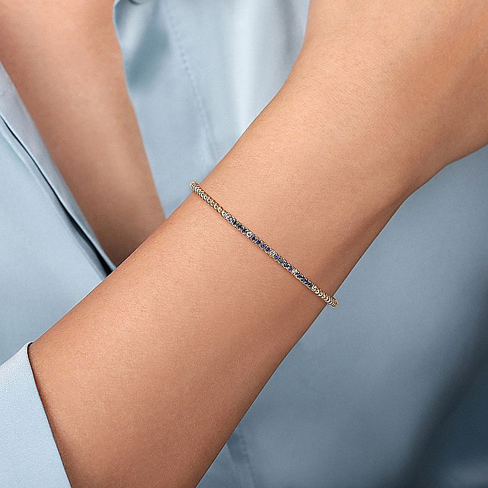 Gabriel & Co. 14 Karat Yellow Gold Bujukan Diamond and Blue Sapphire Cuff Bracelet - Image 4