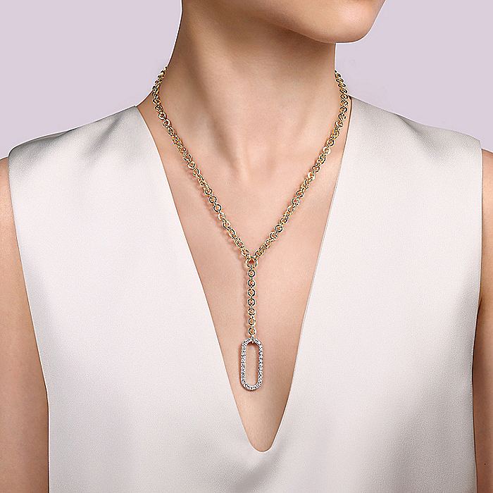 Gabriel & Co. 14 Karat Yellow Gold Tube Link Diamond Necklace - Image 2