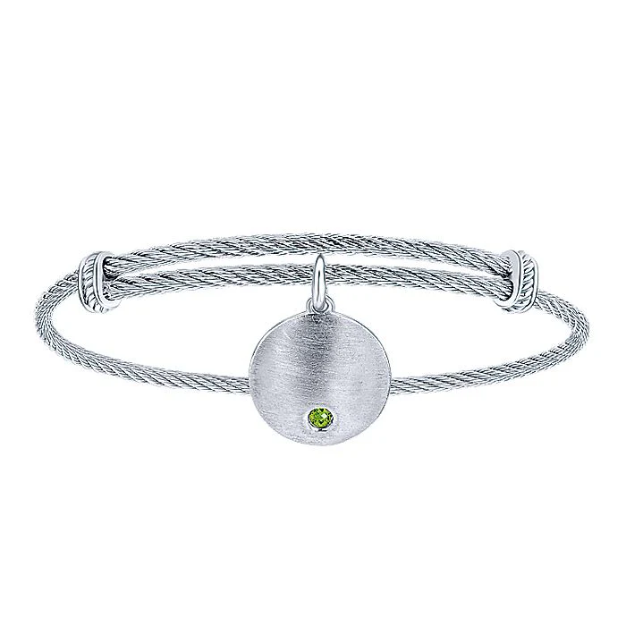 Gabriel & Co Adjustable Stainless Steel Bangle with Round Sterling Silver Peridot Stone Disc Charm