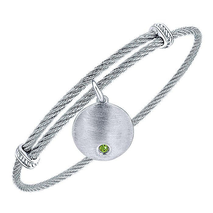 Gabriel & Co Adjustable Stainless Steel Bangle with Round Sterling Silver Peridot Stone Disc Charm - Image 2
