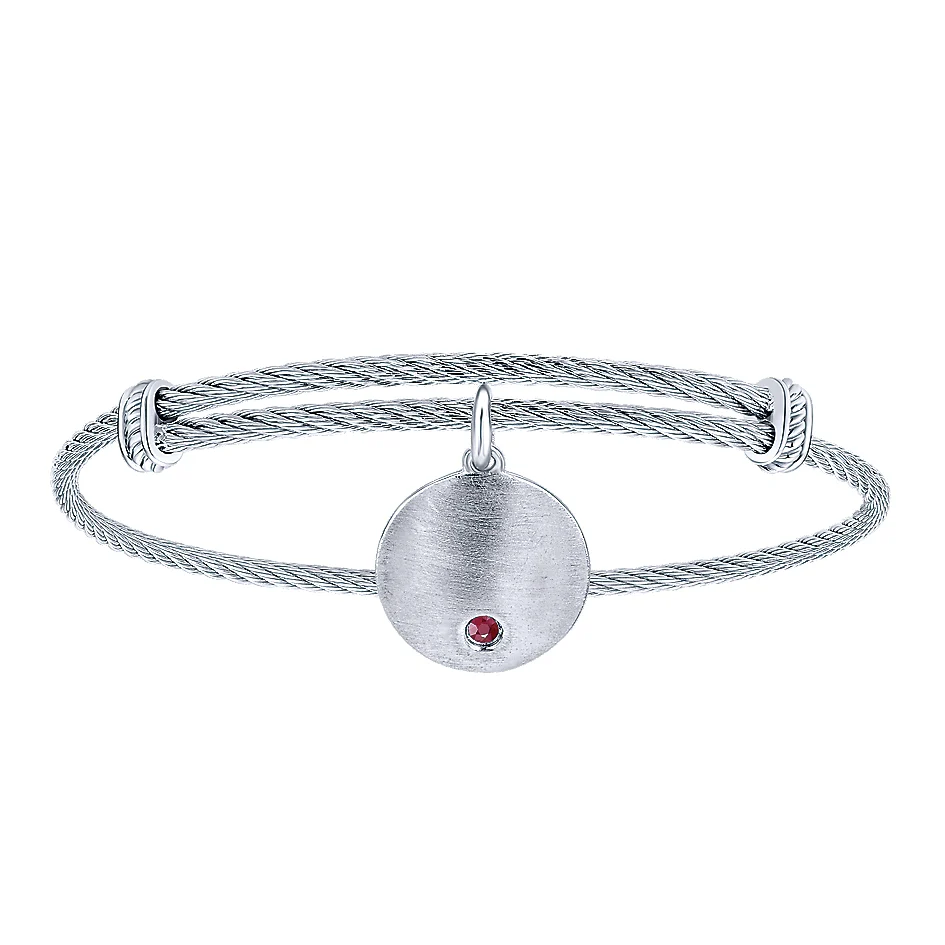 Gabriel & Co Adjustable Stainless Steel Bangle with Round Sterling Silver Ruby Stone Disc Charm