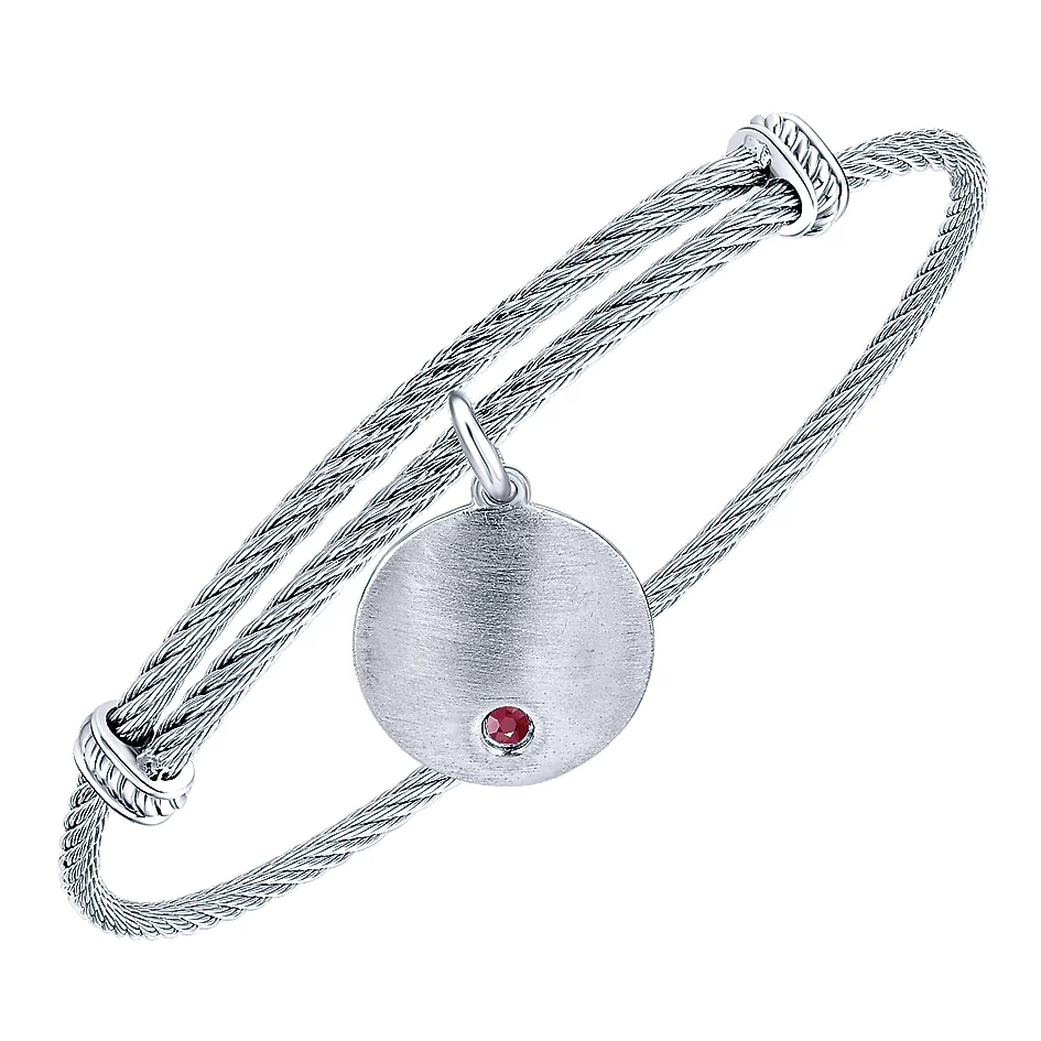 Gabriel & Co Adjustable Stainless Steel Bangle with Round Sterling Silver Ruby Stone Disc Charm - Image 2