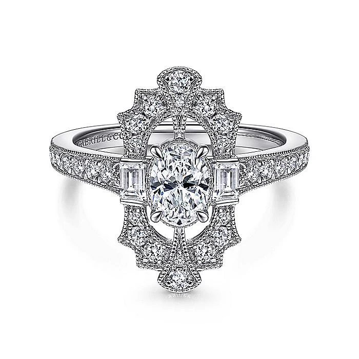 Gabriel & Co Art Deco White Gold Oval Halo Semi-Mount Engagement Ring