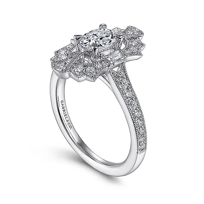 Gabriel & Co Art Deco White Gold Oval Halo Semi-Mount Engagement Ring - Image 3