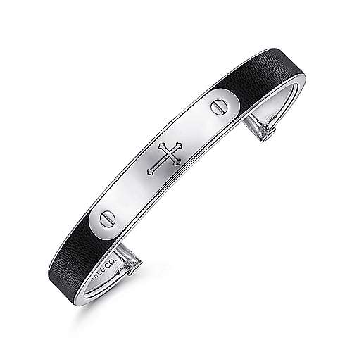 Gabriel & Co Sterling Silver and Leather Open Cross ID Bracelet - Image 2