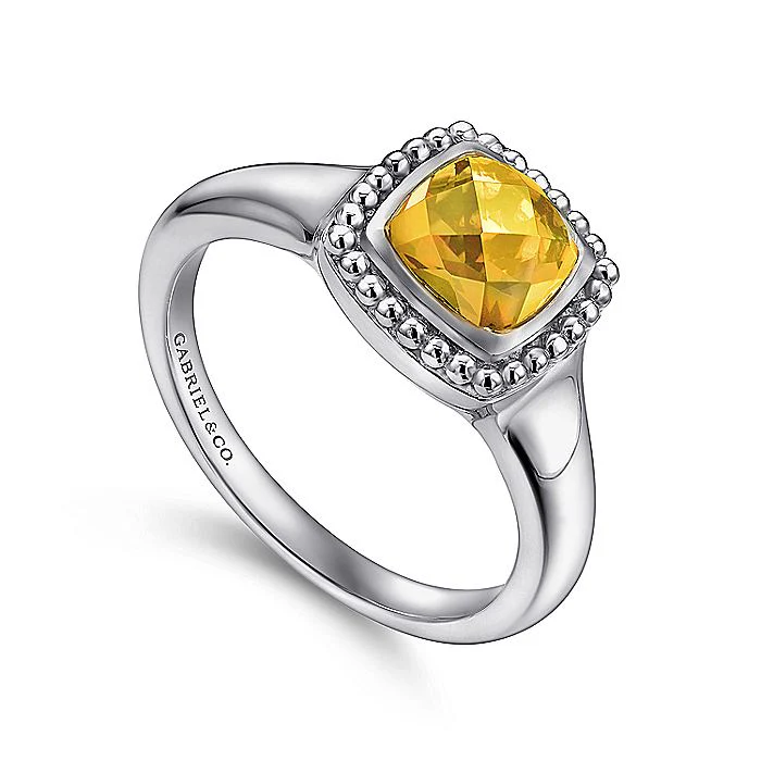 Gabriel & Co Sterling Silver Beaded Cushion Cut Citrine Ring - Image 3