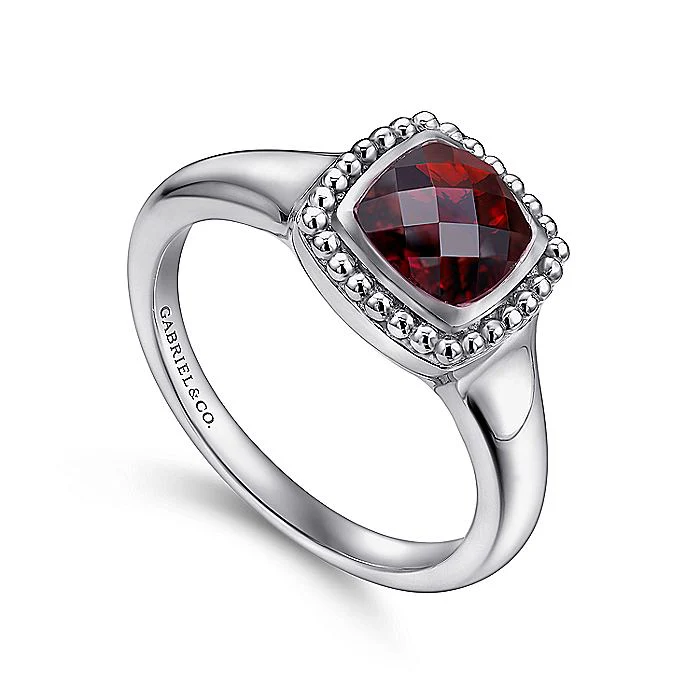 Gabriel & Co Sterling Silver Beaded Cushion Cut Garnet Ring - Image 3