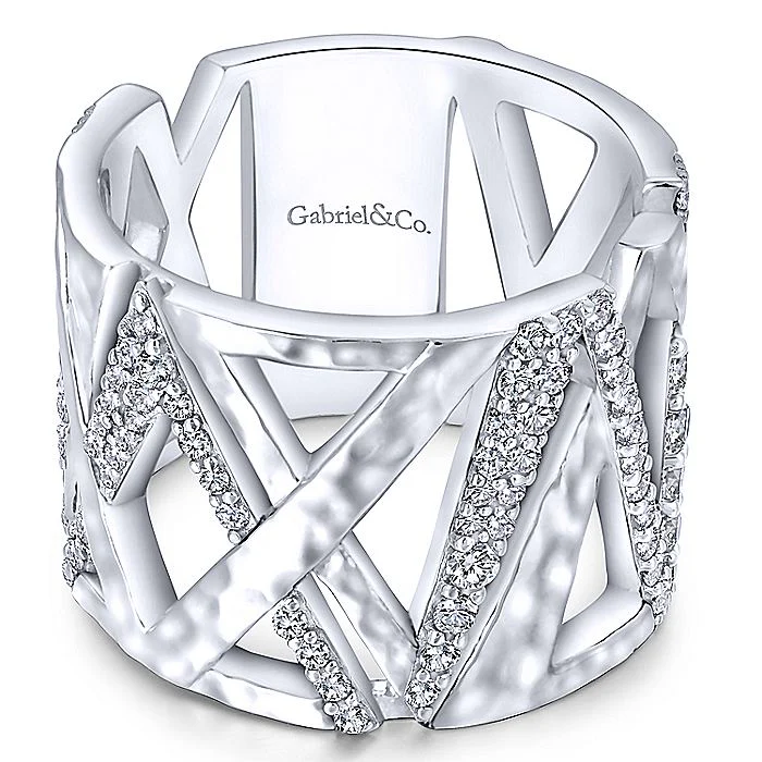 Gabriel & Co Sterling Silver Hammered White Sapphire Wide Ring
