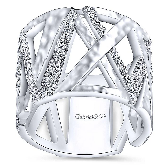 Gabriel & Co Sterling Silver Hammered White Sapphire Wide Ring - Image 3