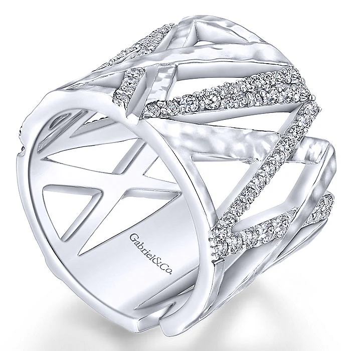 Gabriel & Co Sterling Silver Hammered White Sapphire Wide Ring - Image 4