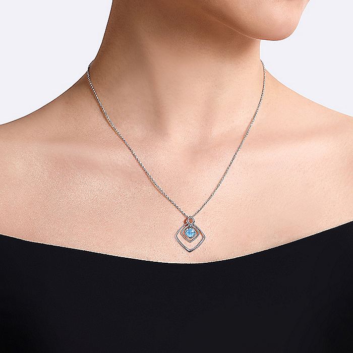 Gabriel & Co Sterling Silver Layered Squares Necklace with Blue Topaz Drop - Image 3