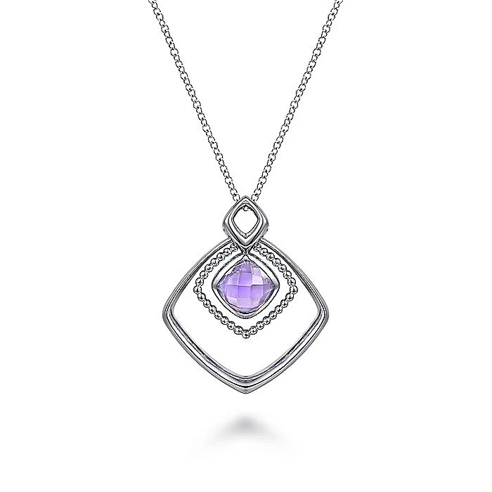 Gabriel & Co Sterling Silver Layered Squares Necklace with Pink Amethyst Drop