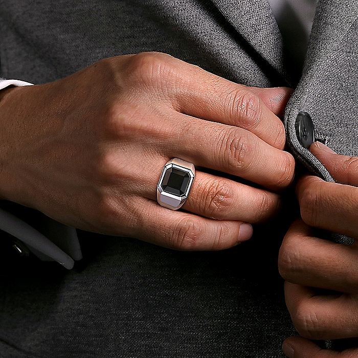 Gabriel & Co. Sterling Silver Wide Signet Ring with a Faceted Black Onyx - Image 4