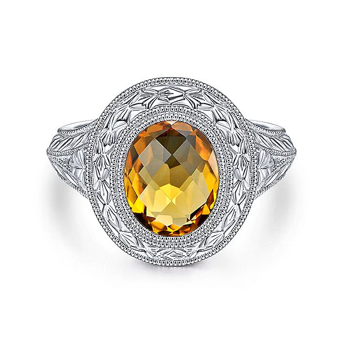Gabriel & Co Vintage Inspired Sterling Silver Oval Citrine Ring