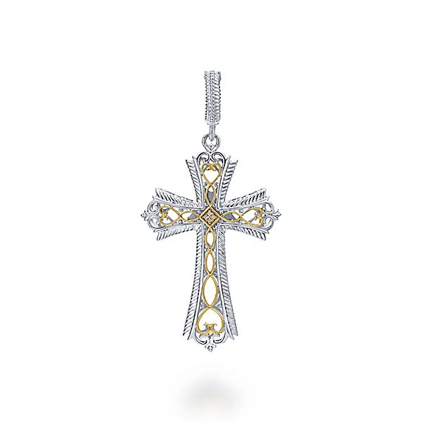 Gabriel & Co. Vintage Style 925 Silver/18 Karat Yellow Gold Fashion Cross Diamond Pendant