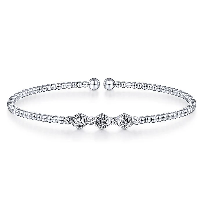 Gabriel & Co White Gold Bujukan Bead Cuff Bracelet With Cluster Diamond Hexagon Stations