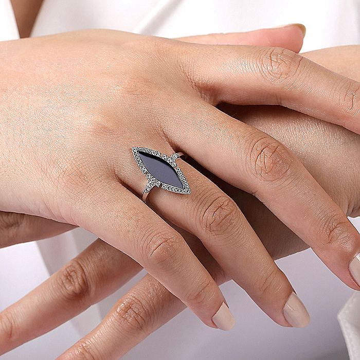 Gabriel & Co White Gold Diamond and Onyx Marquise Statement Ring - Image 5