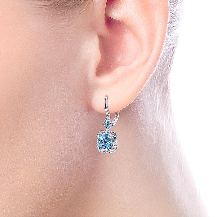 Gabriel & Co White Gold Swiss Blue Topaz with Diamond Halo Leverback Earrings - Image 2