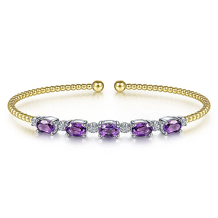 Gabriel & Co Yellow And White Gold Bujukan Bead Cuff Bracelet with Amethyst And Diamond Stations