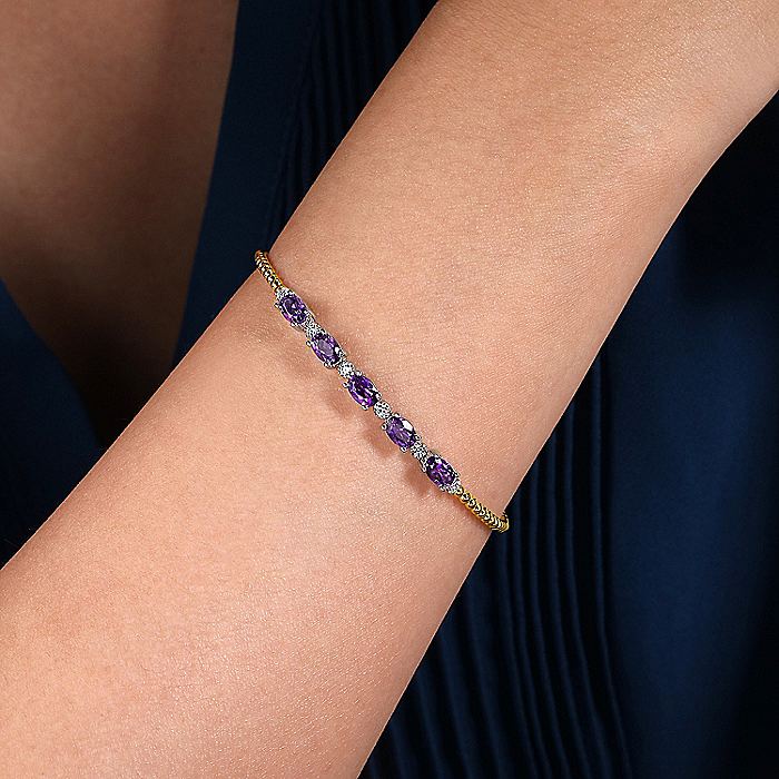 Gabriel & Co Yellow And White Gold Bujukan Bead Cuff Bracelet with Amethyst And Diamond Stations - Image 4