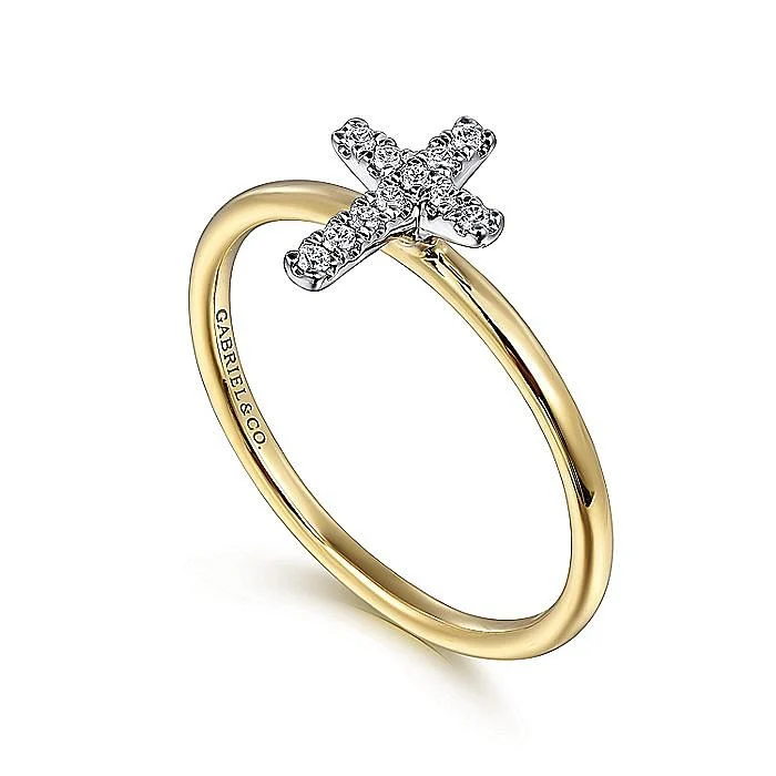 Gabriel & Co. Yellow and White Gold Diamond Cross Ring - Image 2
