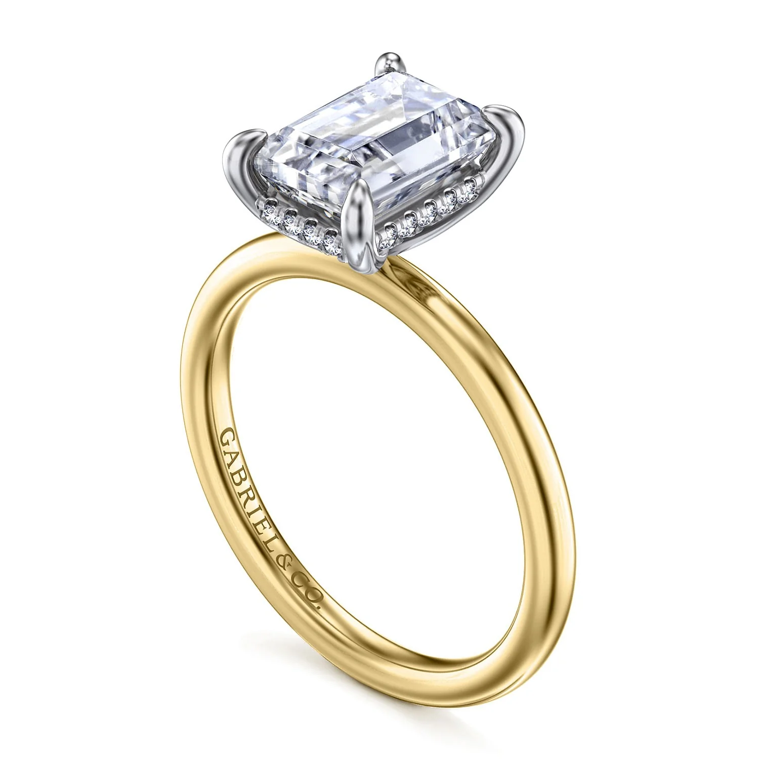 Gabriel & Co.Yellow and White Gold Emerald Cut Hidden Halo Semi-Mount Engagement Ring - Image 2