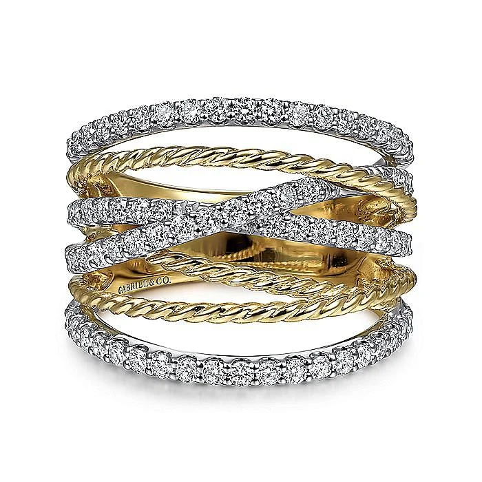 Gabriel & Co. Yellow and White Gold Twisted Rope Criss Cross Diamond Multi Row Ring