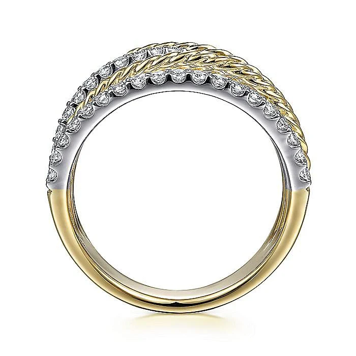 Gabriel & Co. Yellow and White Gold Twisted Rope Criss Cross Diamond Multi Row Ring - Image 2