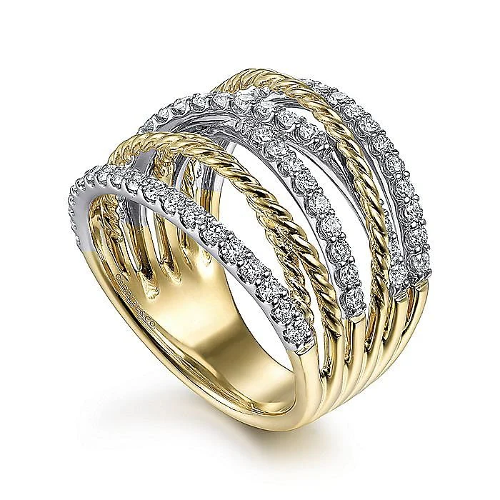 Gabriel & Co. Yellow and White Gold Twisted Rope Criss Cross Diamond Multi Row Ring - Image 3