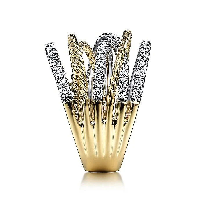 Gabriel & Co. Yellow and White Gold Twisted Rope Criss Cross Diamond Multi Row Ring - Image 4