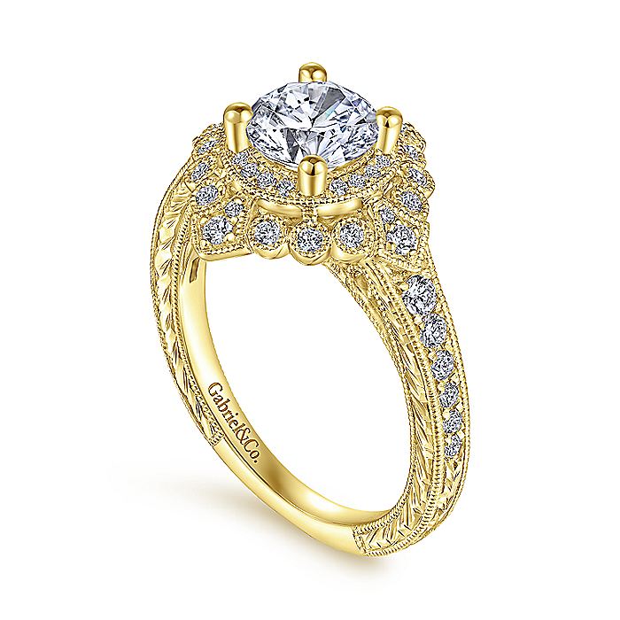 Gabriel & Co Yellow Gold Art Deco Double Halo Semi-Mount Engagement Ring - Image 3