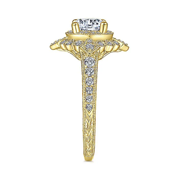 Gabriel & Co Yellow Gold Art Deco Double Halo Semi-Mount Engagement Ring - Image 4