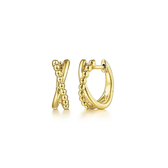 Gabriel & Co Yellow Gold Beaded Ball Criss Cross Huggie Earrings