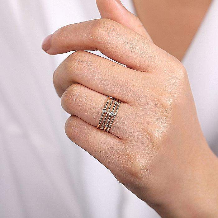 Gabriel & Co Yellow Gold Bezel Set Diamond Station Layered Ring - Image 4