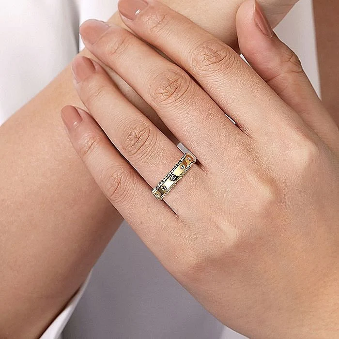 Gabriel & Co. Yellow Gold Bujukan Diamond Bezel Wide Stackable Ring - Image 5