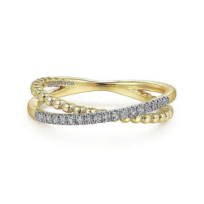 Gabriel & Co Yellow Gold Bujukan Pavé Diamond Criss Cross Stackable Ring