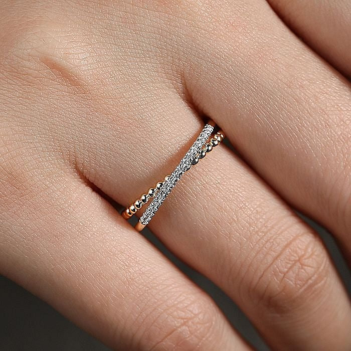 Gabriel & Co Yellow Gold Bujukan Pavé Diamond Criss Cross Stackable Ring - Image 5