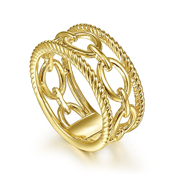Gabriel & Co Yellow Gold Chain Link Ring with Twisted Rope Frame - Image 3