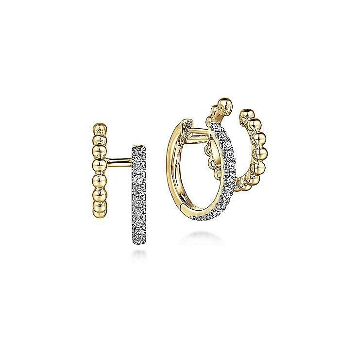 Gabriel & Co. Yellow Gold Diamond and Beaded Double Bujukan Huggie Cuff Earrings