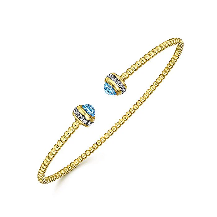 Gabriel & Co Yellow Gold Diamond and Blue Topaz Bujukan Open Bangle - Image 2