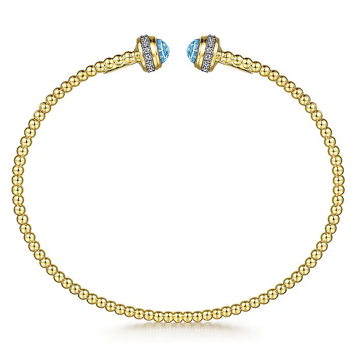Gabriel & Co Yellow Gold Diamond and Blue Topaz Bujukan Open Bangle - Image 3