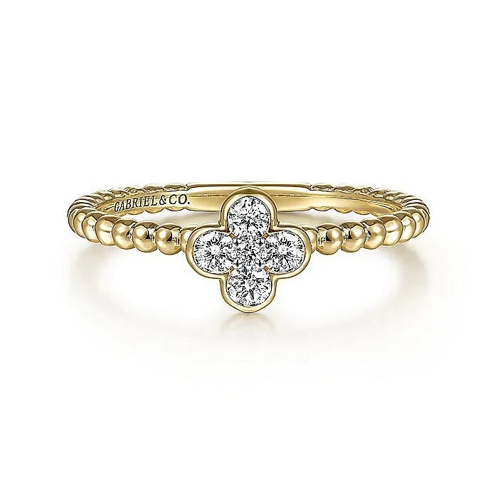 Gabriel & Co. Yellow Gold Diamond Cluster Clover and Bujukan Bead Ring